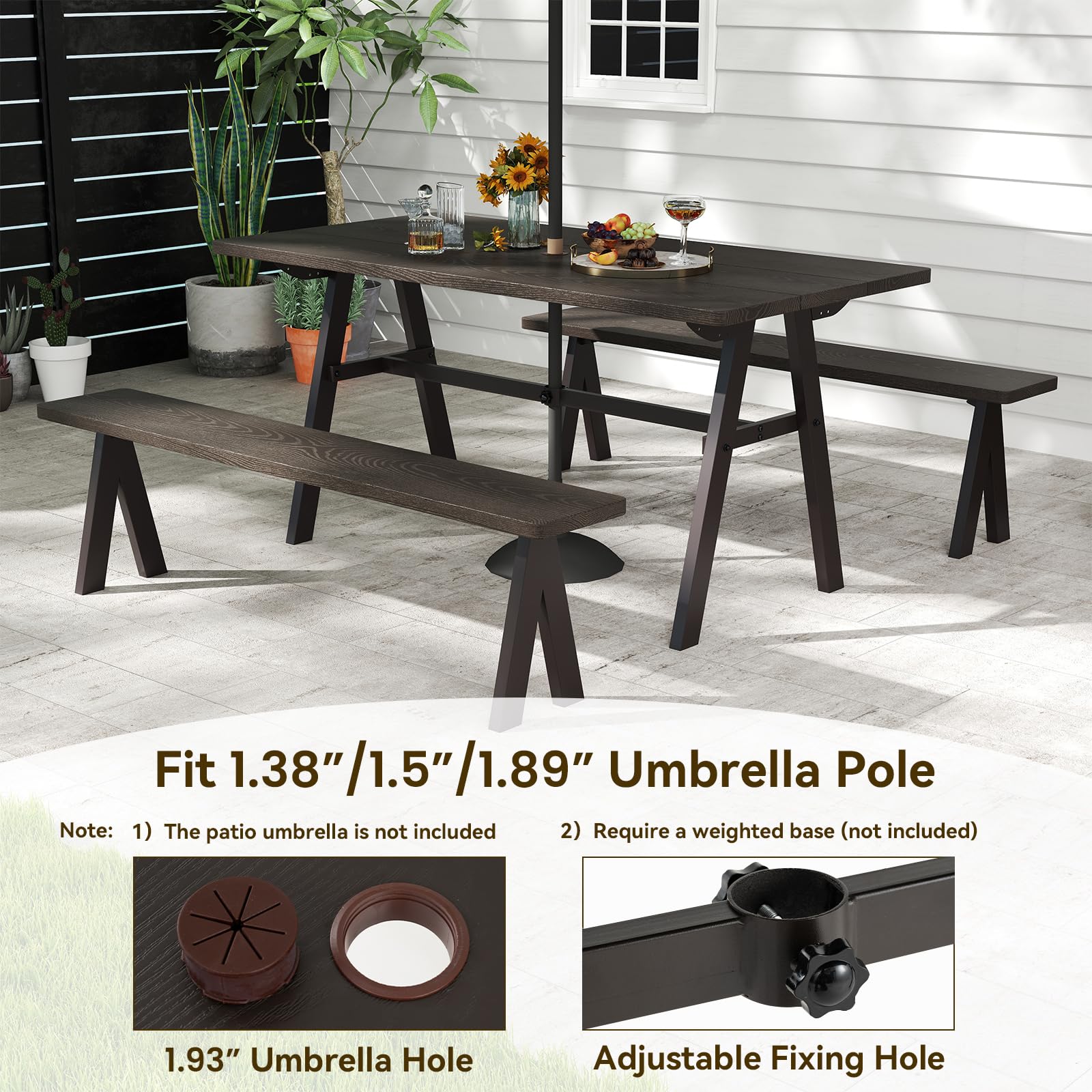 Giantex 3-Pieces Outdoor Picnic Table Set for 6 People, Rustproof Patio Dining Furniture Set with 1.93" Umbrella Hole, 800lbs Capacity Bench, 59" Camping Table for Porch Deck Yard Garden Lawn