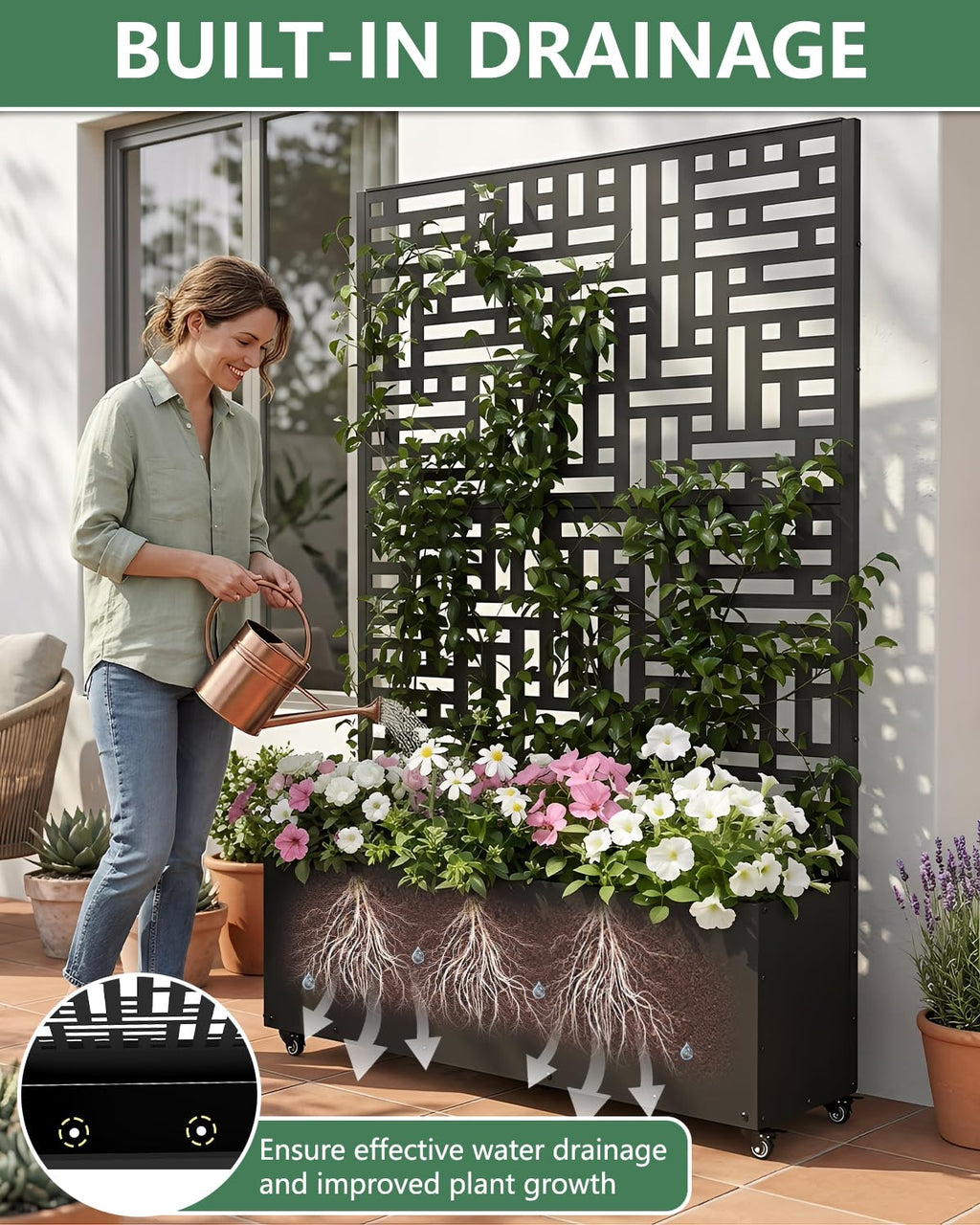 FOLAWO Metal Planter Box with Trellis,70.9"x47.2"x15.7" Raised Garden Bed with Drainage Holes, Privacy Planters for Outdoor Garden Bed for Climbing Plants,Vegetables,and Vines,2PCS,Black-Modular