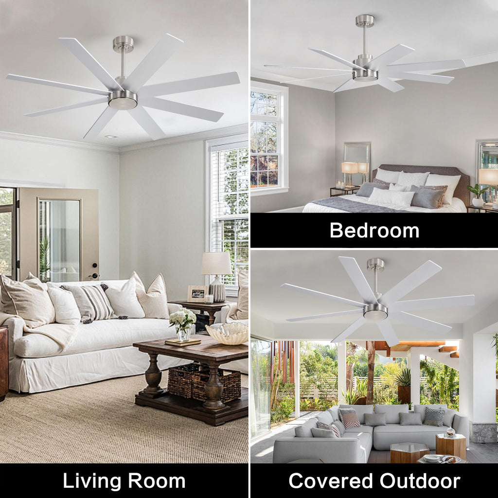 WINGBO 60" Large DC Ceiling Fans without Lights, 3 Downrods, 8 Plywood Blades, 6-Speeds Reversible DC Motor, Indoor Ceiling Fan No Lights for Bedroom Living Room Patio, Brushed Nickel and Silver
