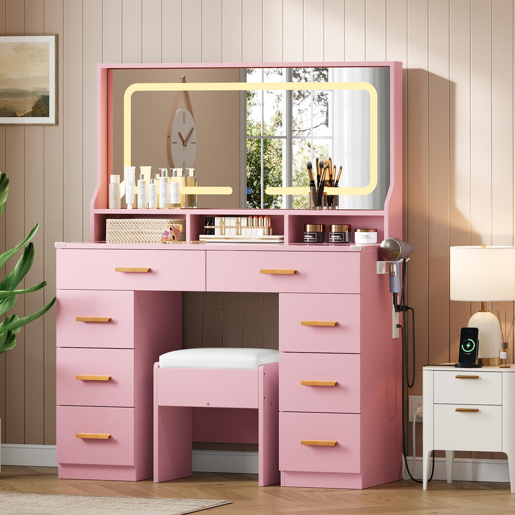 GAOMON Makeup Vanity Desk with Large Lighted Mirror, Vanity Desk with Glass Tabletop, 8 Drawers & 3 Storage Shelves, Vanity Set with Built-in Power Outlet for Bedroom & Dressing Area, Pink