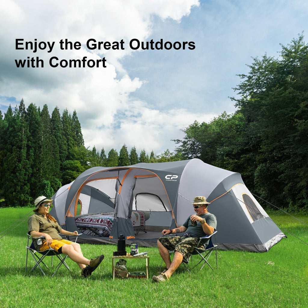 CAMPROS CP Tent 12-Person-Camping-Tents,3 Room Family Tents,Waterproof Windproof Family Tent with Top Rainfly,6 Large Mesh Windows,Double Layer,Easy Set Up, Portable with Carry Bag-20' x 9' x 72"(H)