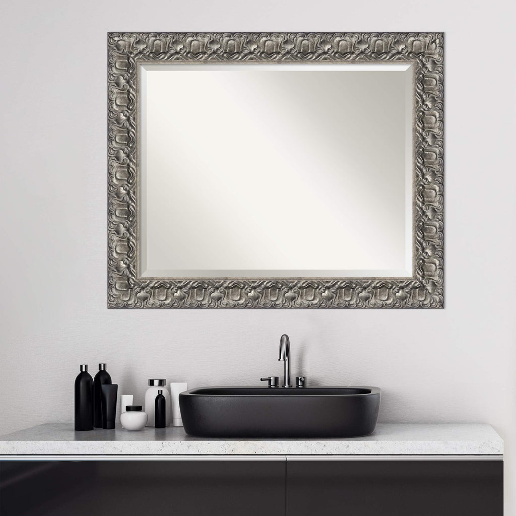 Amanti Art Silver Bathroom Mirror for Over Sink, 28x34 Silver Luxor Rectangle Vanity Mirror, Large Traditional Wood Frame, Hangs Horizonally and Vertically, Bathroom Wall Decor, Beveled Edge