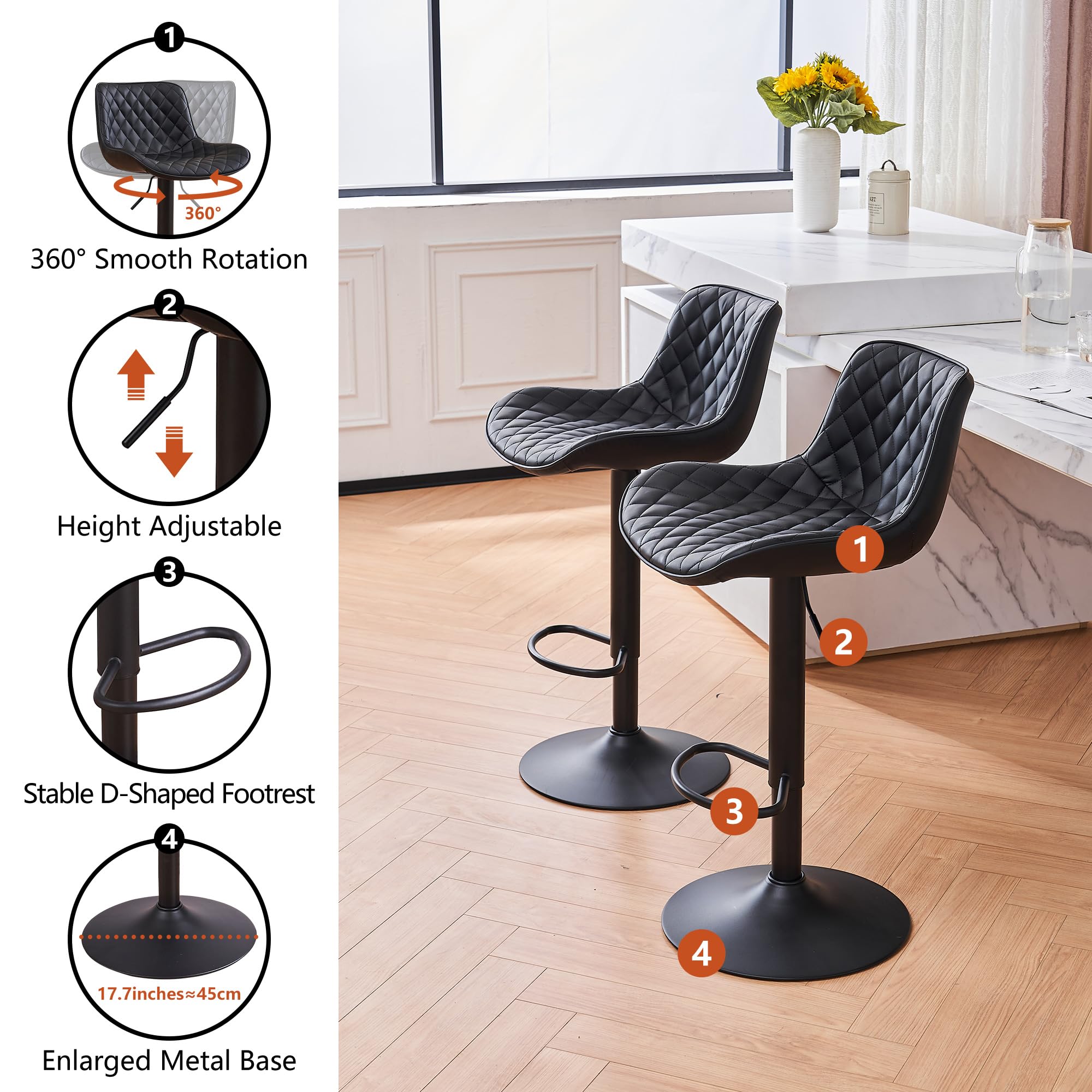 YOUTASTE Black Bar Stools Counter Height Bar Stool Set of 2 Adjustable Swivel Faux Leather Barstools with Padded Back Diamond Metal Bar Chairs for Home Kitchen Island