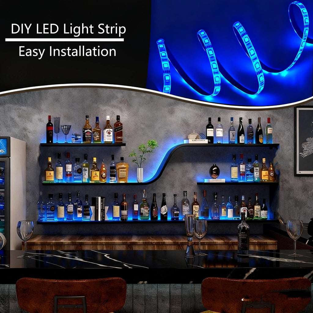 59IN Modern Wall Mounted Wine Rack with Blue LED Light, 3-tiers Metal Curved Bar liquor Bottles Display Shelf, Large Floating Bar Shelves Storage for Home bars, kitchens Coffee Shop (Black, 59in)