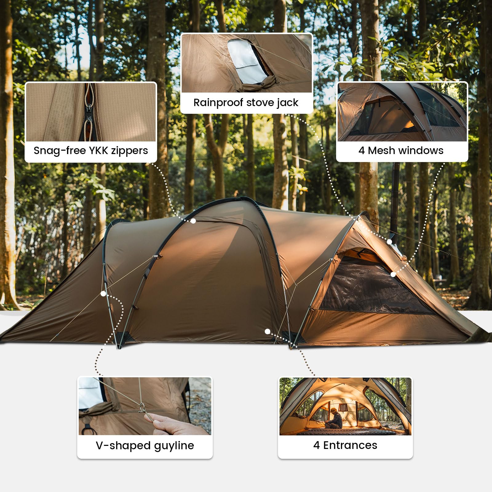 OneTigris ORBITIS Hot Tent, Waterproof 4 Person Tent with Full Size Footprint, 4 Season Tents for Camping, Hiking, Bushcraft, Car Trips