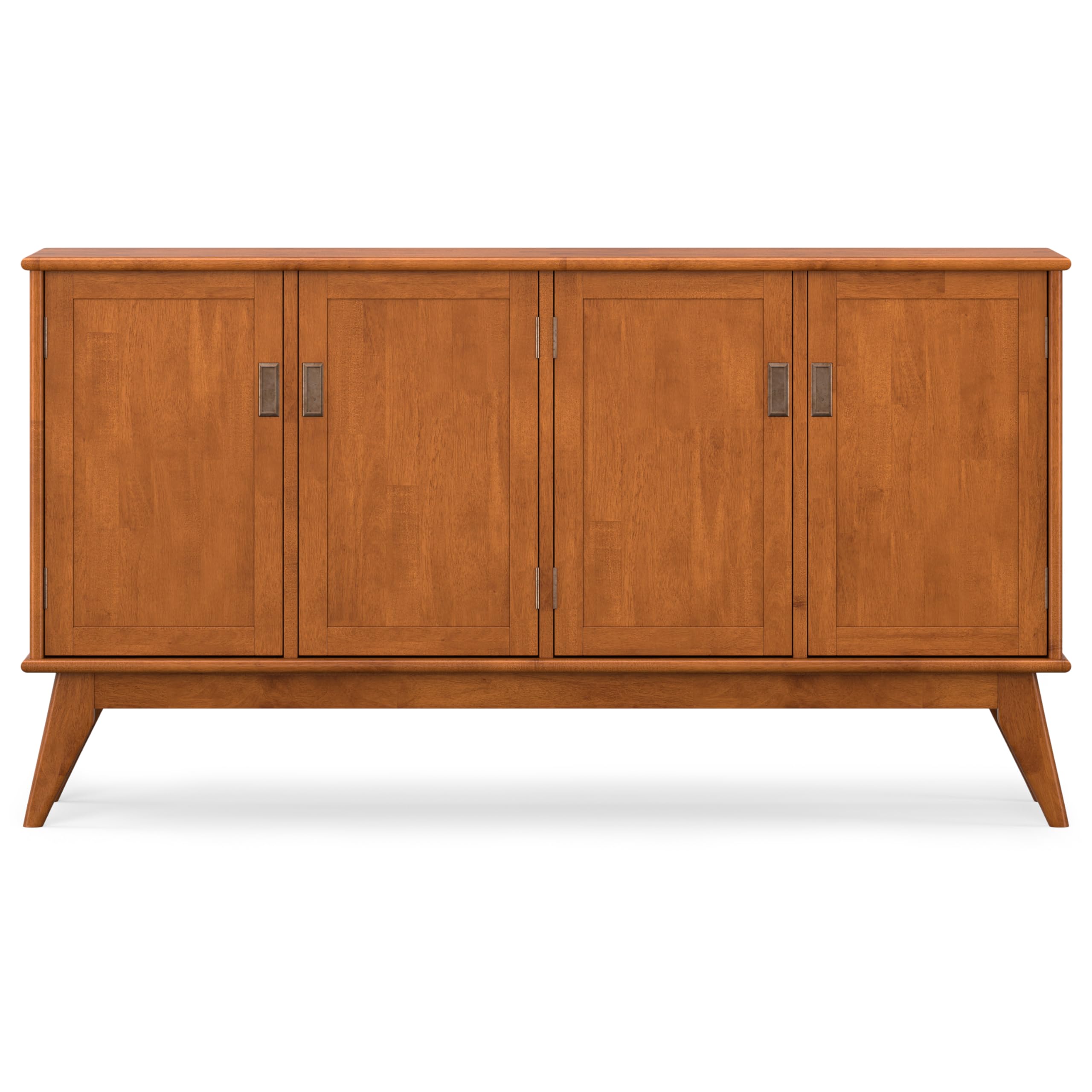 SIMPLIHOME Draper Buffet - 66 inch Wide Solid Hardwood 4-Door Sideboard Buffet in Teak Brown, Mid-Century Modern Cabinet for Dining Room or Kitchen with Adjustable Shelves and Tapered Legs