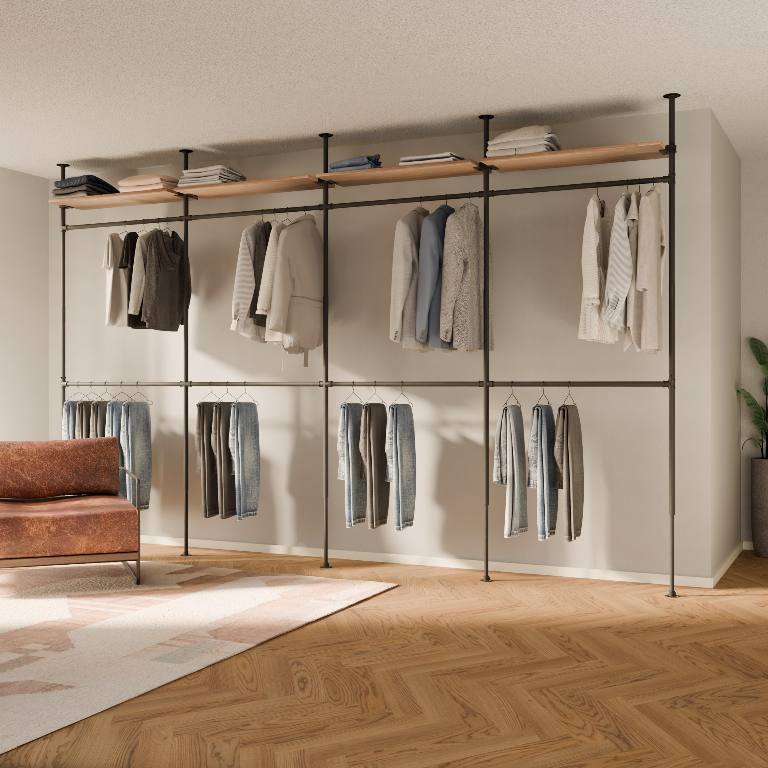 pamo Industrial Pipe Clothing Rack with Shelf - 660 lbs Capacity - Clamping Clothes Rack and Walk In Closet with Oak Shelf for Wardrobe