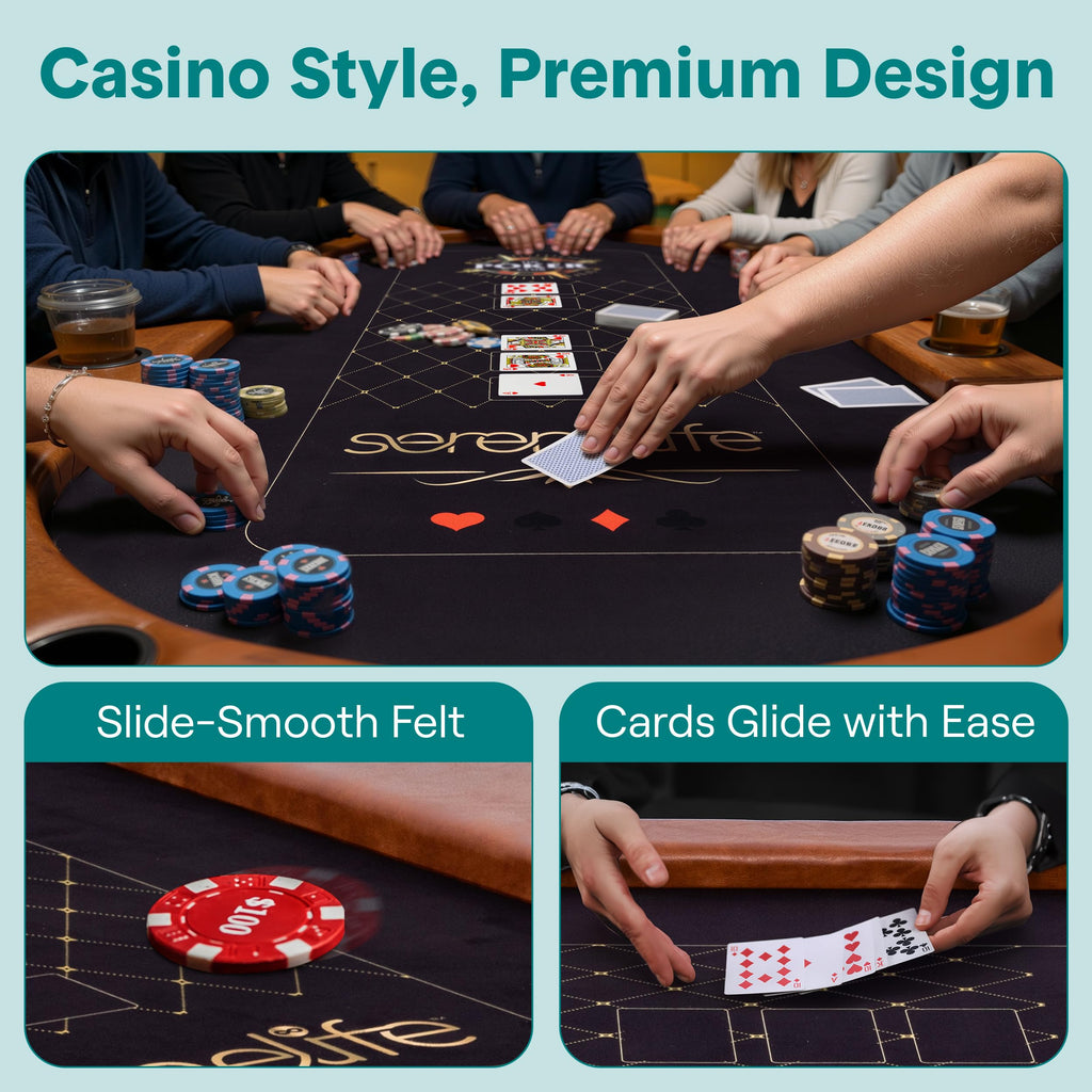 SereneLife 7ft Poker Table for 10 Players - Heavy Duty Oval Texas Hold'em Casino Table for Game Room, 25mm Reinforced Metal Legs, Durable Black PVC Rail, 10 Deep Cup Holders & Professional Layout