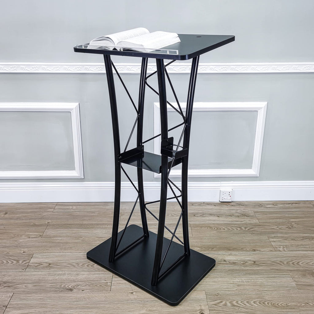 FixtureDisplays® Wood (MDF) Top, Metal Truss Podium Pulpit Lectern 23.8 X15.9 X46" with A Cup Holder Black 21854-X-NEW-NPF