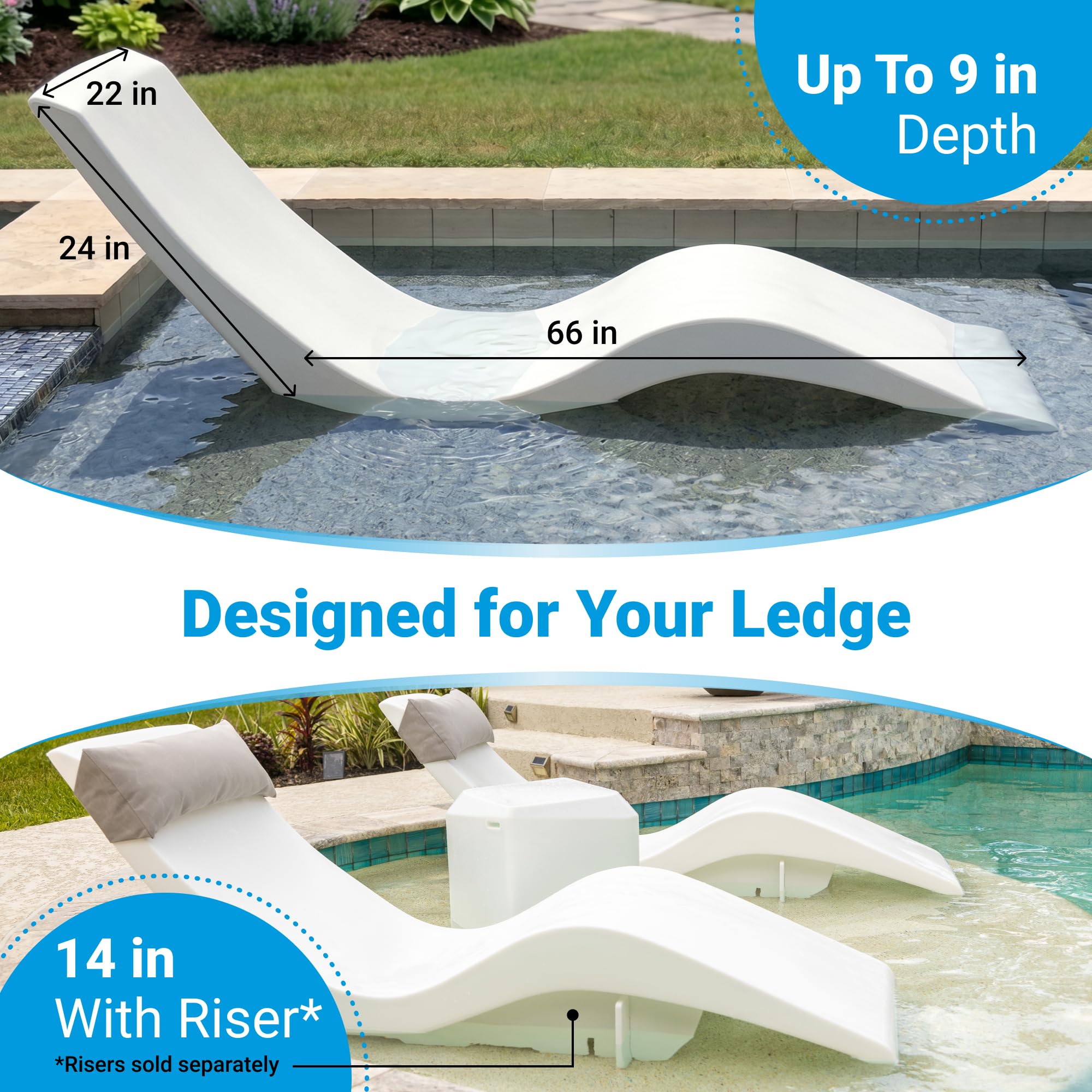 Aqua Outdoors Pool Chaise Lounge Chairs for Ledge & Shelf, Water-Weighted Pool Lounger for Depths Up to 9”, No Screw Plugs & Tools Needed, Classic White Ledge Lounger, Set of 2