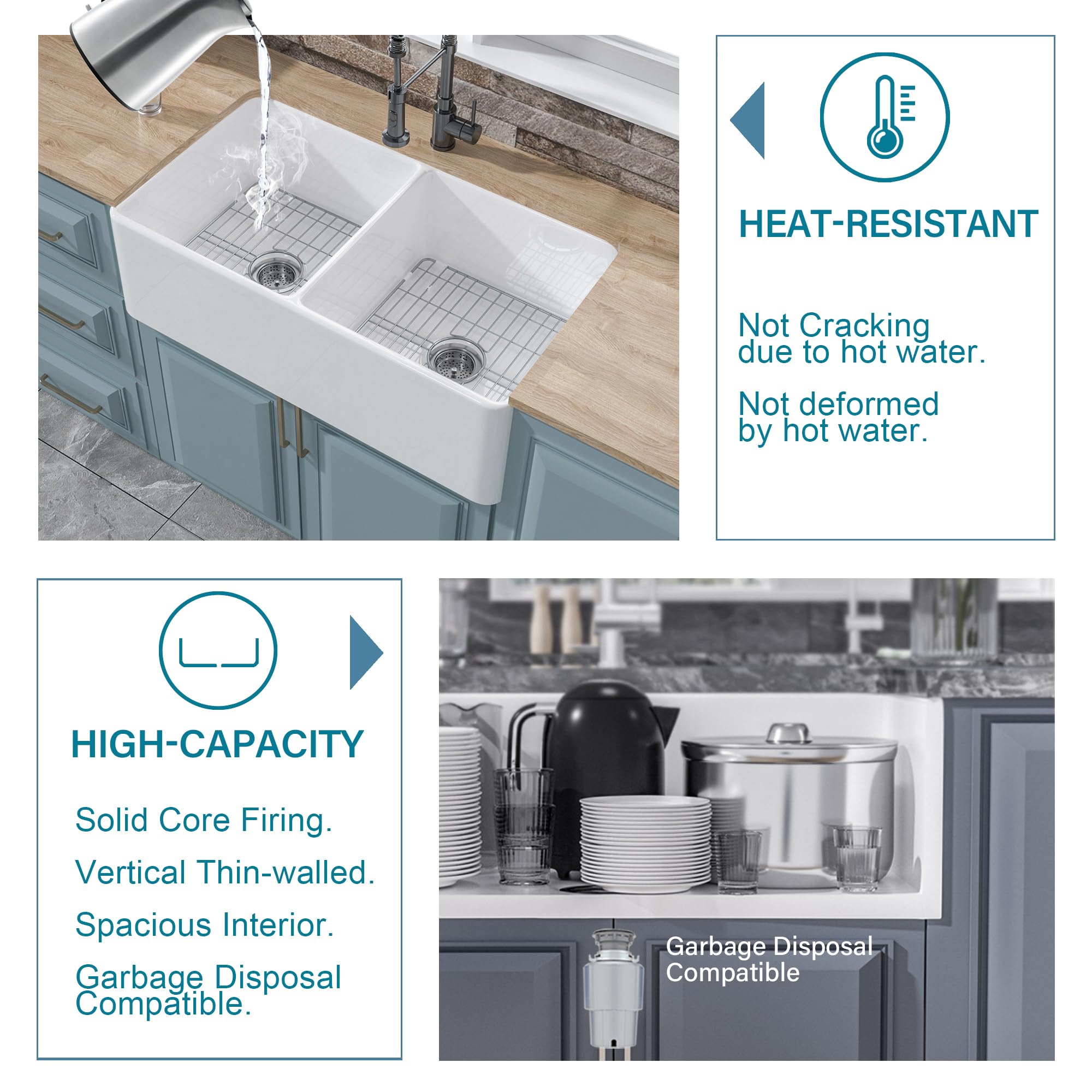 HOMLYLINK Double Bowl Farmhouse Sink White 33 x 18 Inch, Firecaly Apron Front Undermount Farm Sink Reversible(Sleek & Fluted Optional), Heavy-duty Dual Basin 50/50, for Kitchen