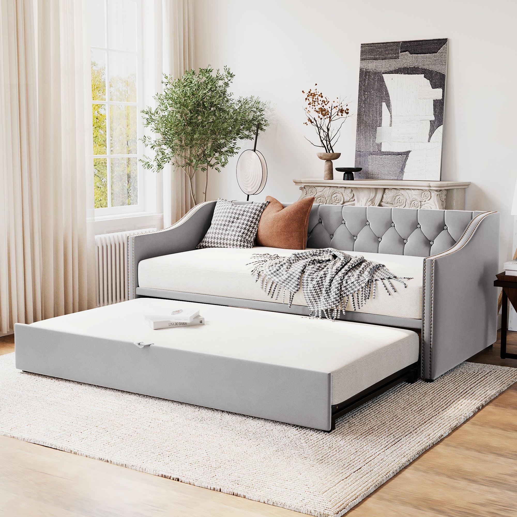 Merax Twin Size Upholstered Velvet Daybed with Pop Up Trundle, Multi-Functional Sofa Bed with Backrest and Two Armrest for Guest, Living Room, Gray