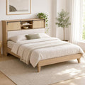 GarveeHome Queen Size Solid Wood Bed Frame with Storage Headboard, Rattan Upholstered Bookcase Headboard with Sliding Doors & Charging Station, No Bos Spring Needed