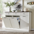IFGET Triple Tilt Out Trash Can Cabinet, Modern Fluted Laundry Hamper Cabinet with 3 Drawers, 20 Gallon Hidden Wooden Garbage Can Cabinet w/Storage Basket & Adjustable Shelf, for Kitchen, White