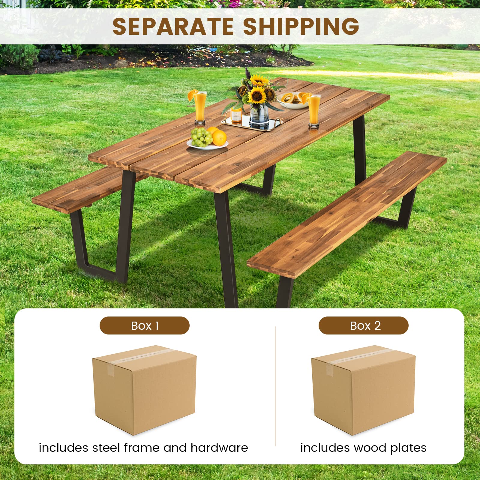 HOMGX Picnic Table, 6 Ft Dining Table with 2 Umbrella Hole, Table Bench Set with Heavy-Duty Metal Frame, Acacia Wood Picnic Table for Outdoor, 6-8 Person, Patio, Lawn, Party, Garden, Natural & Black