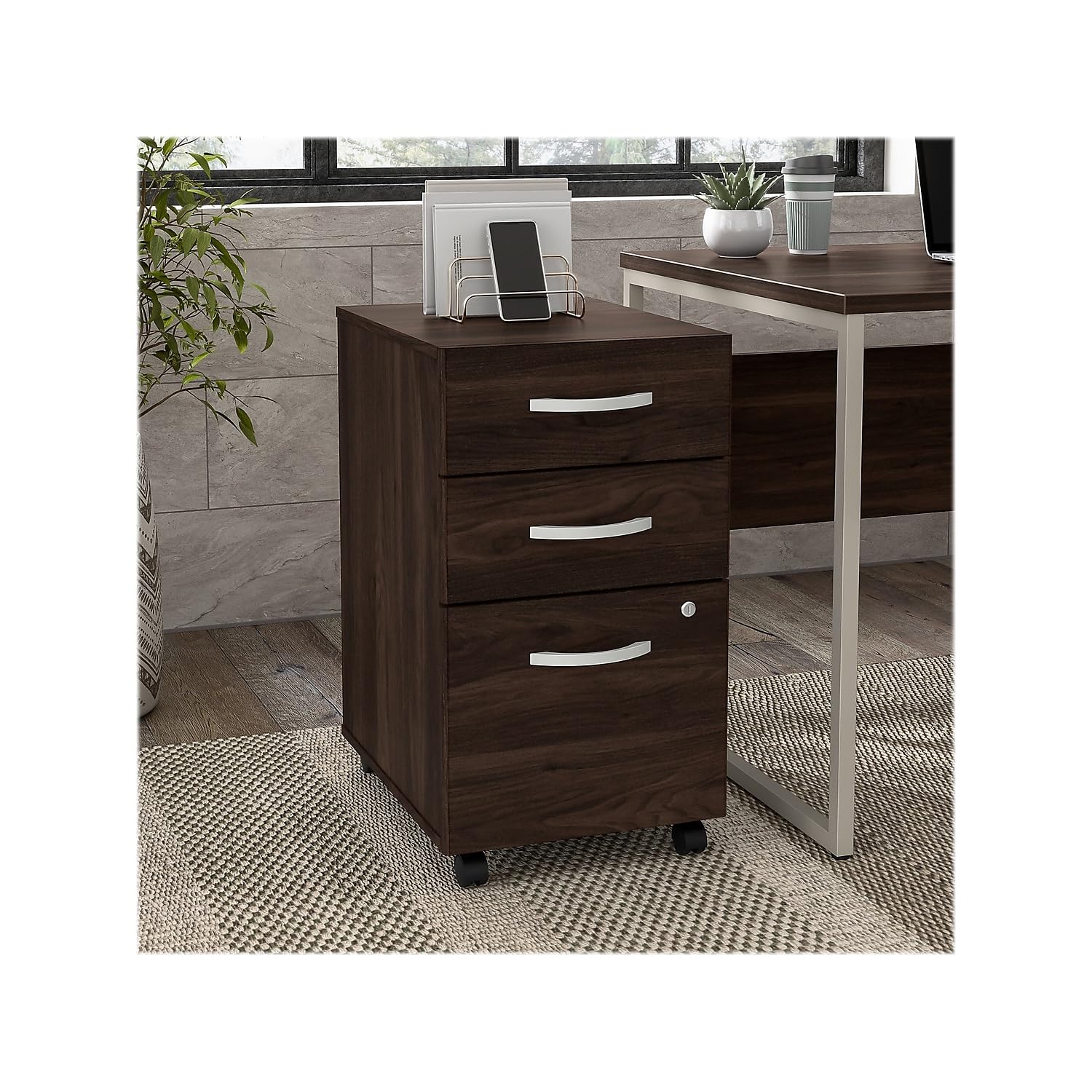 Bush Business Furniture Hybrid 3 Drawer Mobile File Cabinet-Assembled, Black Walnut