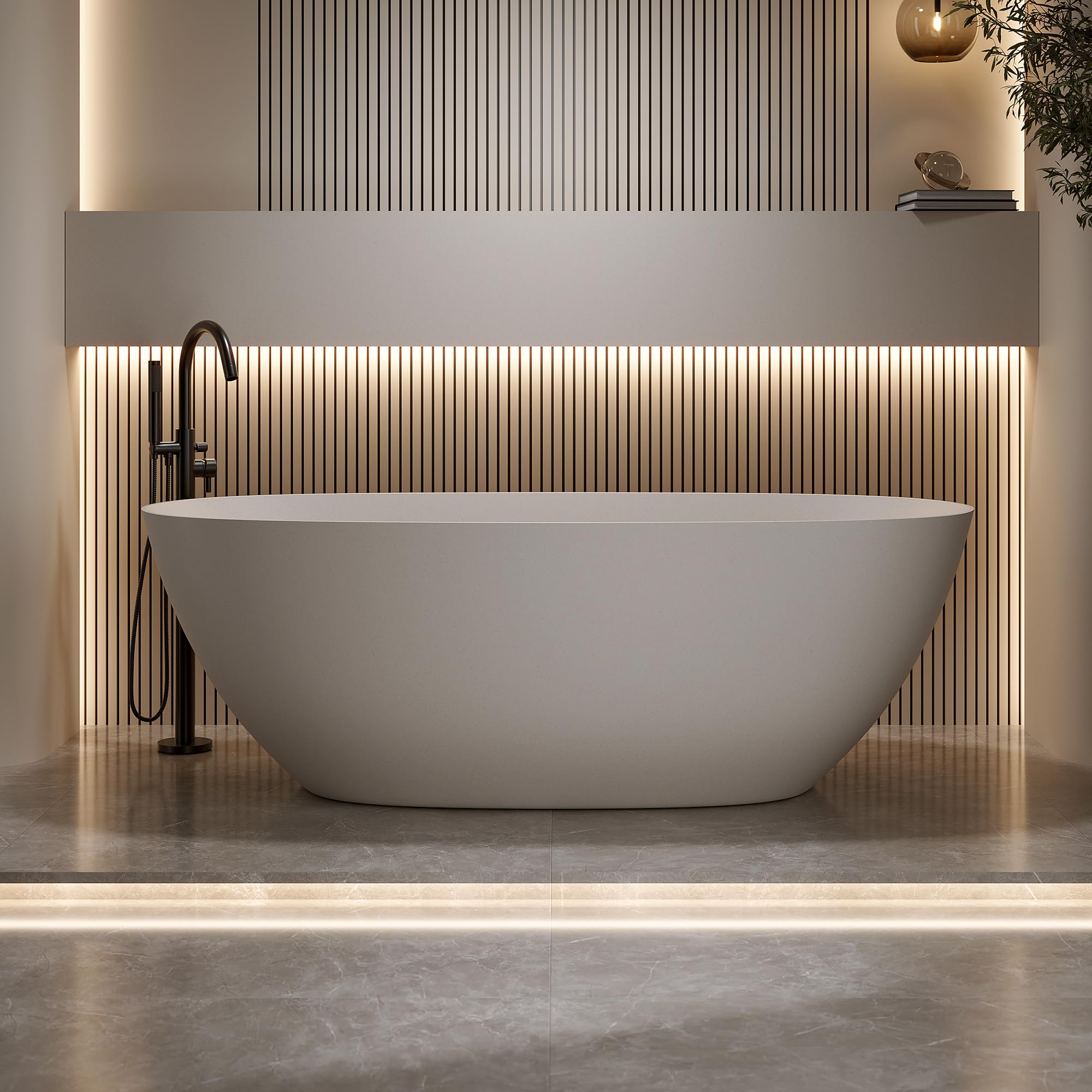 KEIKI 69" Freestanding Bathtub, Resin Stone Soaking Bathtub Solid Surface Modern Tubs with Overflow and Pop-up Drain, Beige