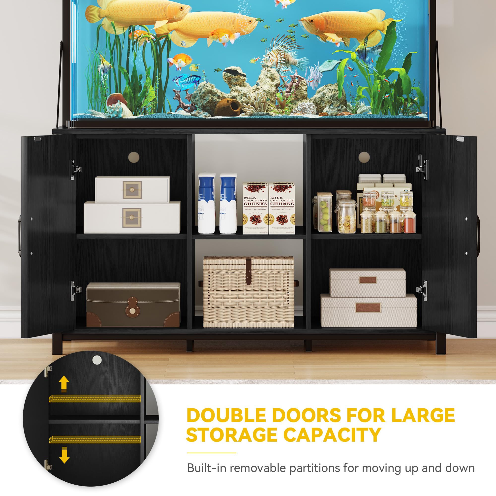 DWVO 40-120 Gallon Fish Tank Stand with Power Outlets, Heavy Duty Aquarium Stand with Storage, Metal Reptile Terrariums Table for Turtle Accessories Storage,1100LBS Capacity, Black