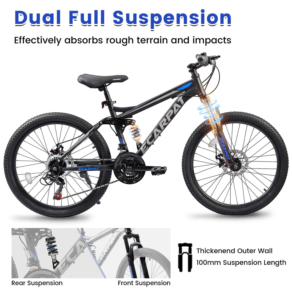 KIAPALNO 26 Inch Mountain Bike, Dual Full Suspension 21 Speed Womens Mens Mountain Bikes, Commuter Bike with Carbon Steel Frame and Dual Disc Brakes