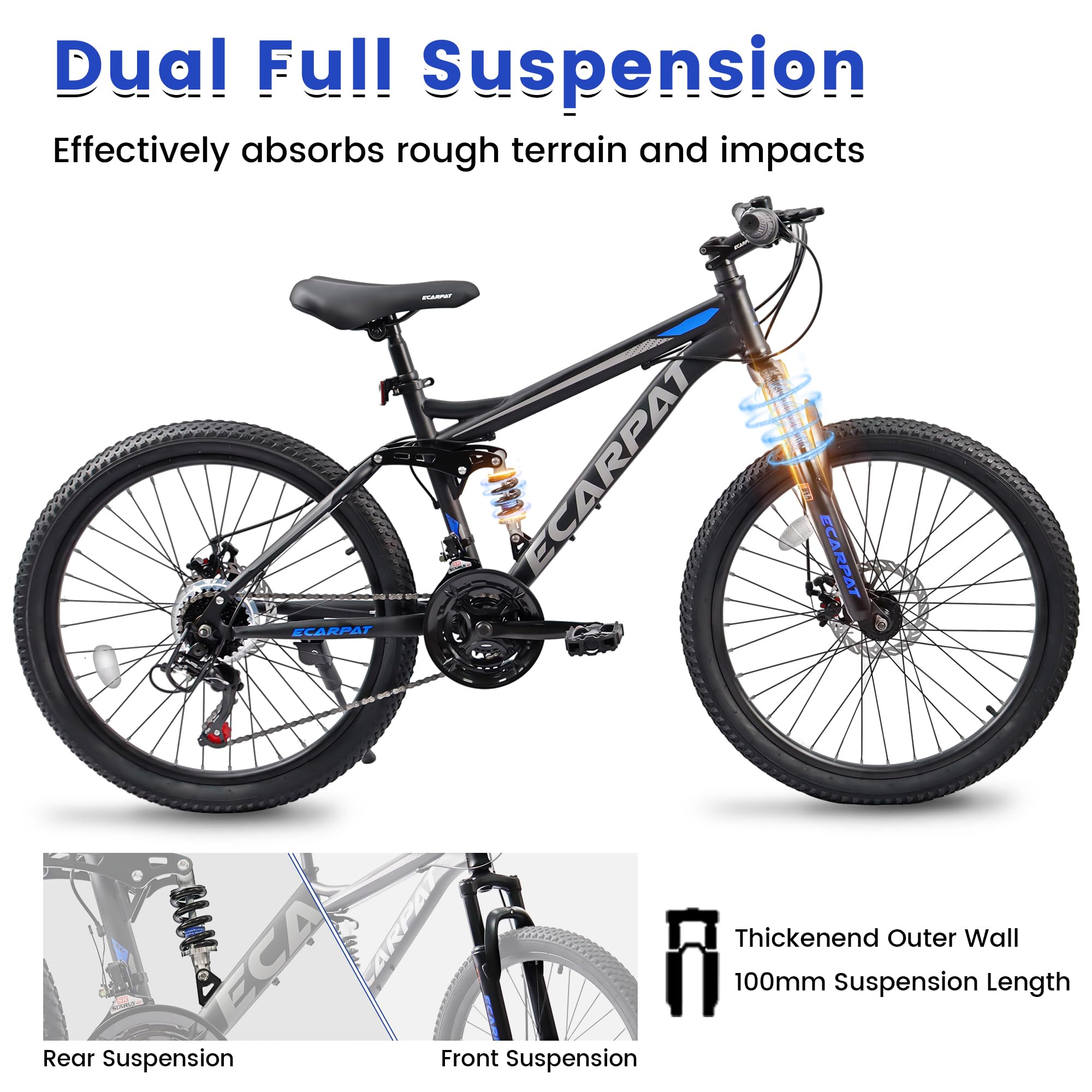 KIAPALNO 26 Inch Mountain Bike, Dual Full Suspension 21 Speed Womens Mens Mountain Bikes, Commuter Bike with Carbon Steel Frame and Dual Disc Brakes