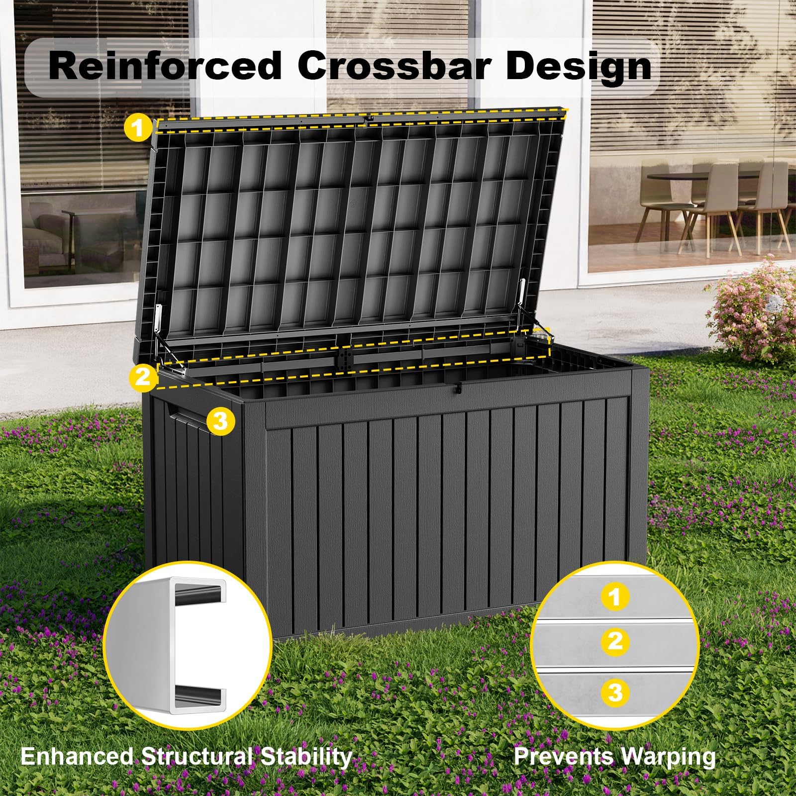 KFY 280 Gallon Large Outdoor Storage Box Waterproof, UV Resistant Resin Deck Box with Hydraulic Rod & Lockable Latch for Patio Furniture, Outside Storage Box for Garden Tools, Patio Cushions, Black