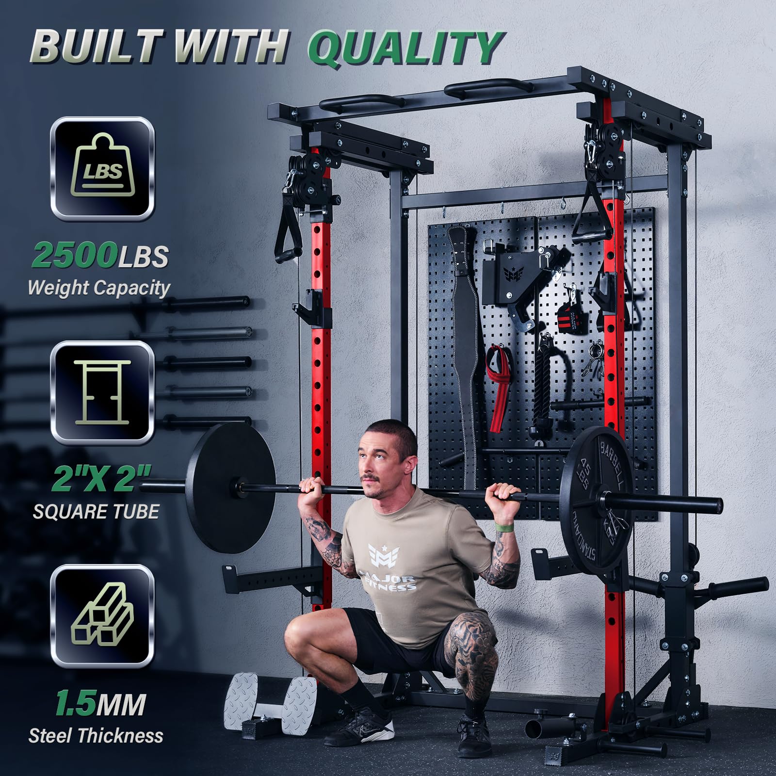 MAJOR FITNESS Drone3 Power Rack, 2500lbs Multi-Function Home Gym Squat Rack with Dual Pulley System, Pull-Up Bar & J-Hooks, Heavy-Duty Steel Frame for Maximum Stability & Strength Training