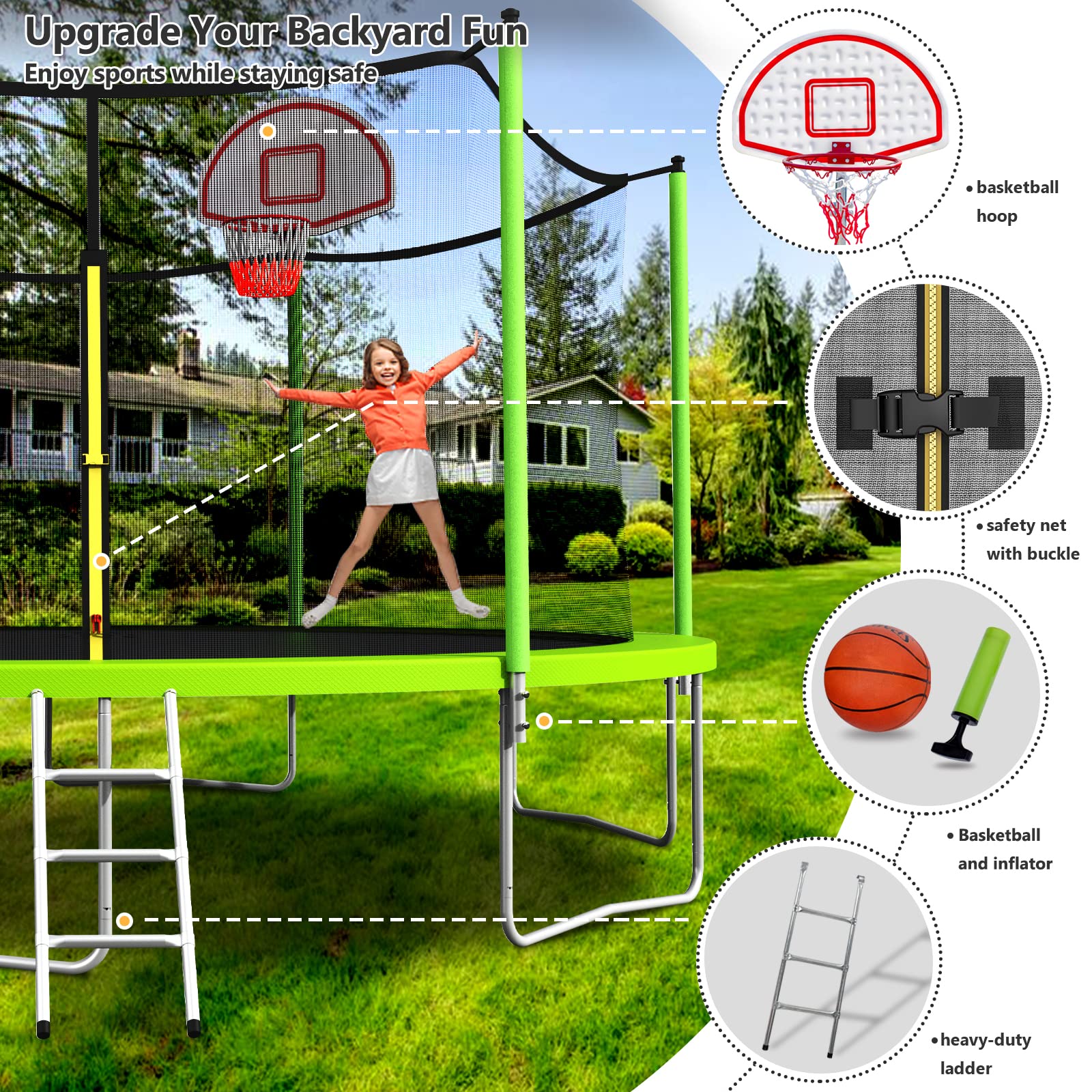 Lyromix 16FT Trampoline, Large Recreational Trampoline for Kids, Outdoor Trampoline with Basketball Hoop and Ladder, Backyard Jumping Trampoline, Capacity for 6-9 Kids and Adults, Grass Green
