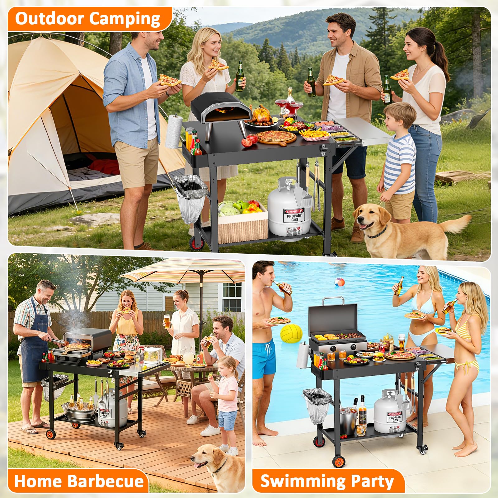 Outdoor Grill Cart for Pizza Oven, 28.8" Extra-Wide Pizza Oven Table, Heavy Duty Grill Cart with Pizza Topping Station, Grill Tables for Outside, Prep Station for Blackstone Griddle Accessories