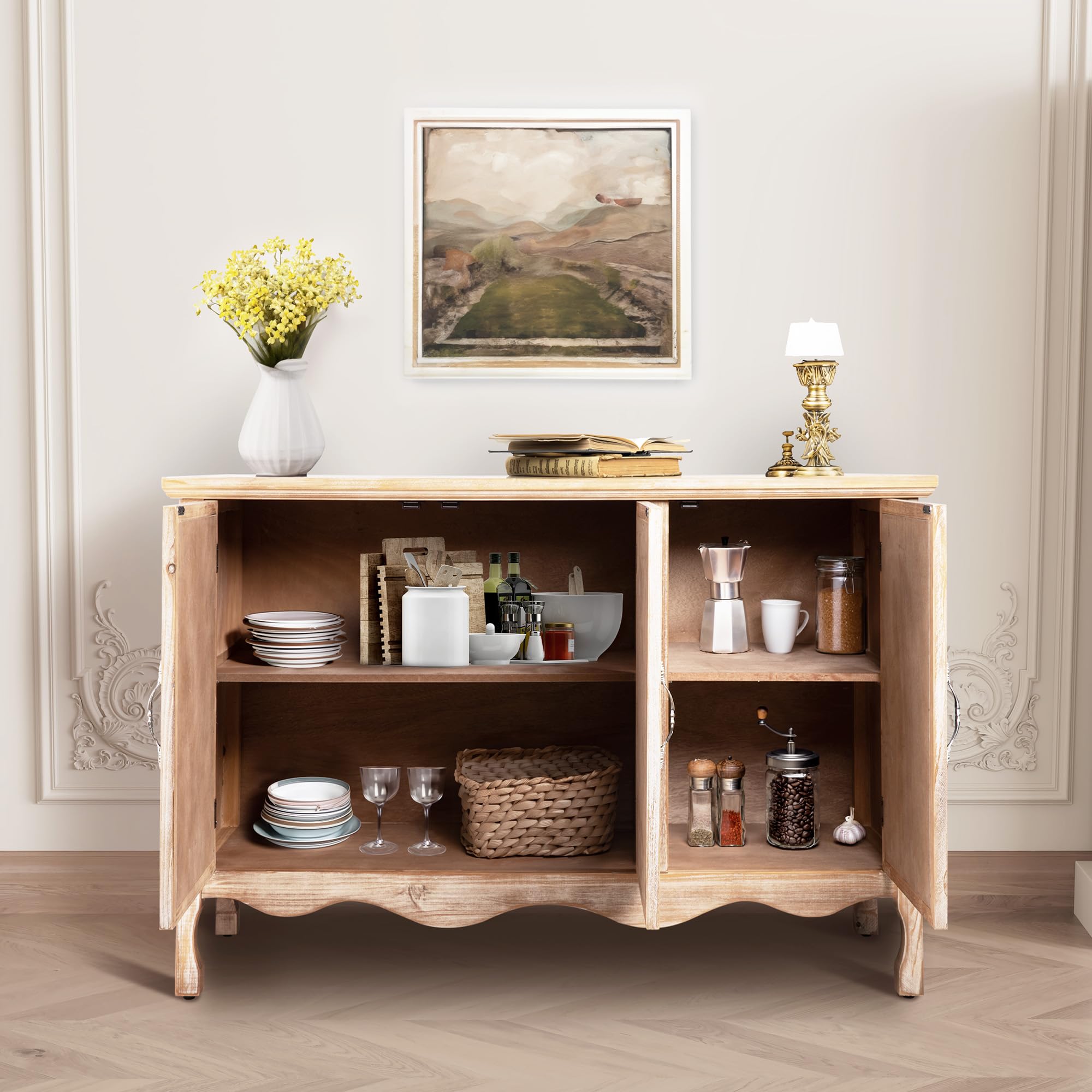 FansaFurn Accent Storage Cabinet with 3 Carved Doors and Shelves, Farmhouse Sideboard Buffet Sideboard with Storage, Wood Kitchen Cabinet for Living Room, Entryway, Dining Room and Kitchen, Natural