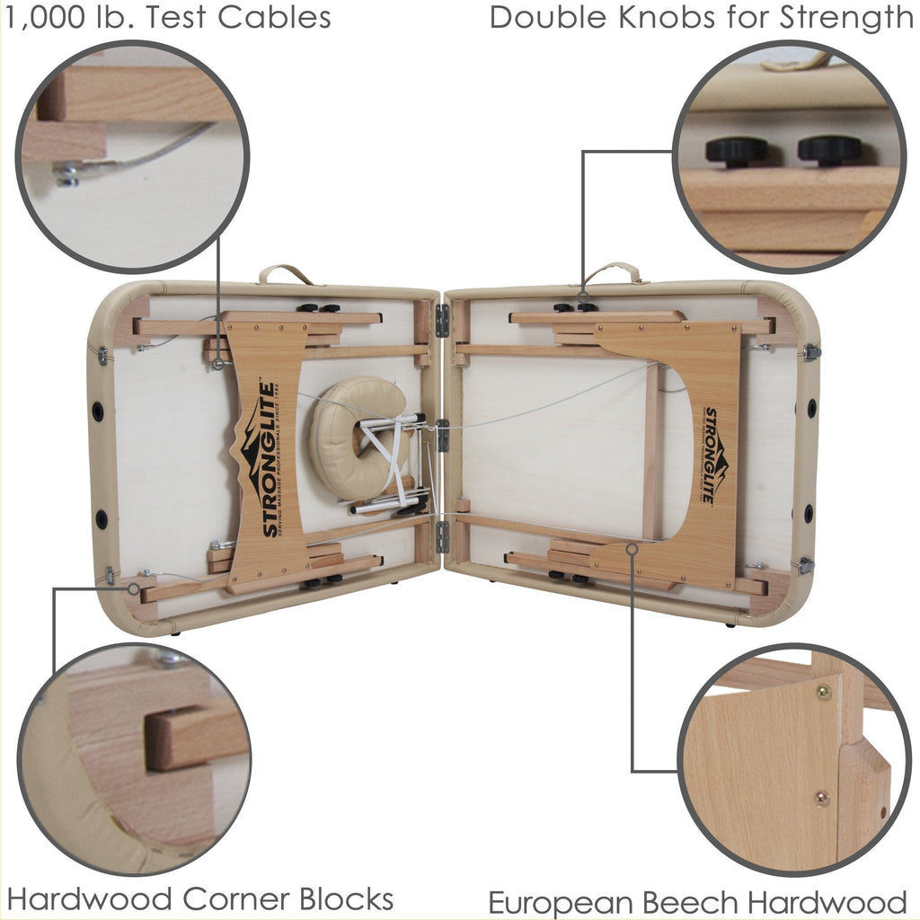 STRONGLITE Portable Massage Table Olympia - Double Knobs, Package w/ Adjustable Face Cradle, Face Pillow, Half Round Bolster, Microfiber Sheet Set & Carry Case (28x73"), Beige