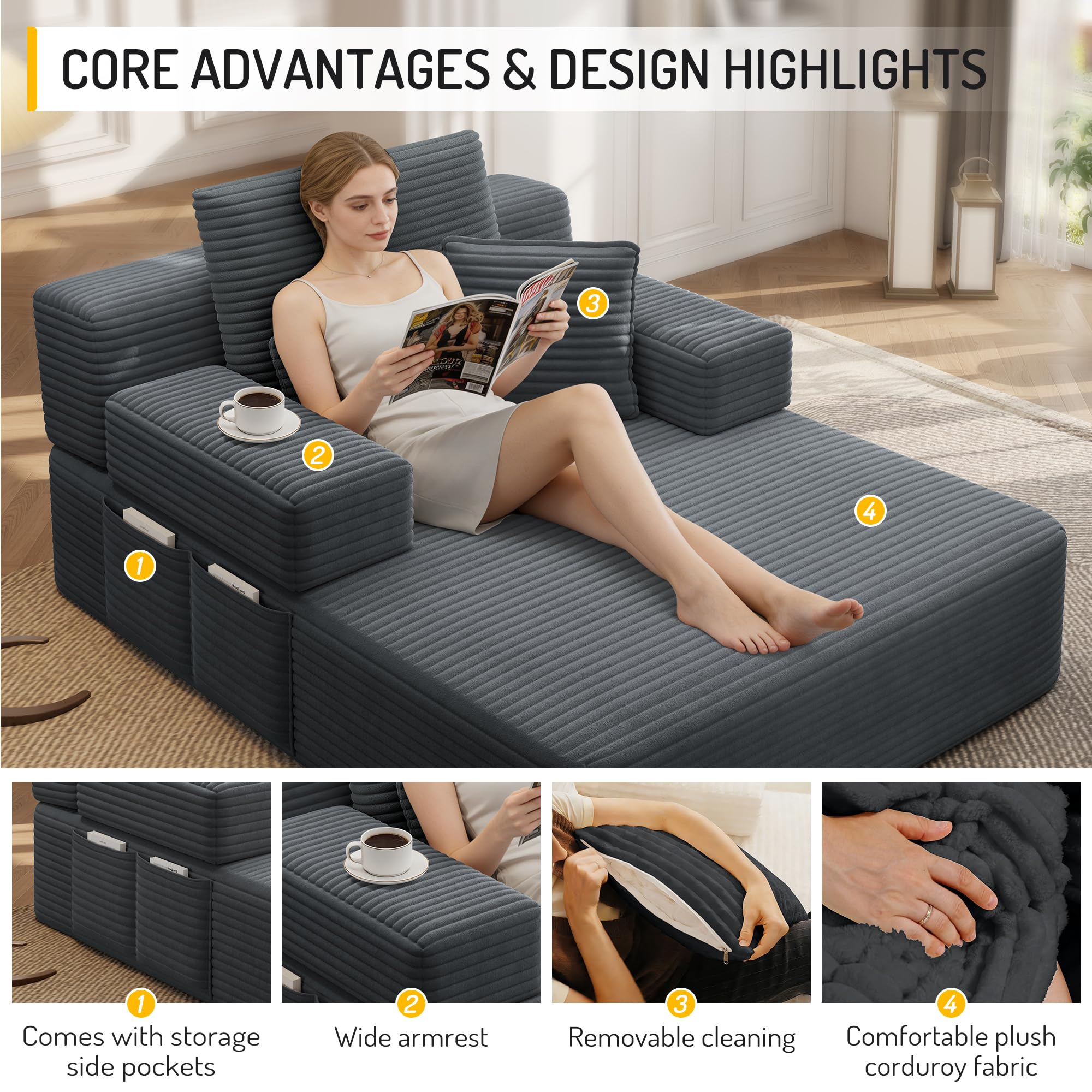 48.5" Boneless Chaise Lounge Chair Sofa Bed Indoor with Zip-Down Convertible Armrests & Backrest, Oversized Cloud Upholstered Compression Sleeper Couch Reading Chairs w/Side Pockets