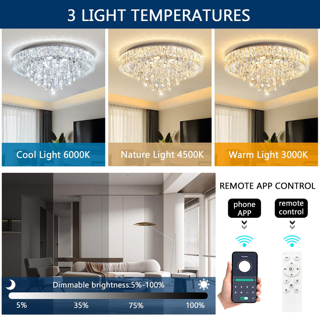 dolria 23.6" Modern Crystal Chandeliers LED Dimmable Flush Mount Ceiling Chandeliers for Living Room Entrance Foyer Bedroom Silver
