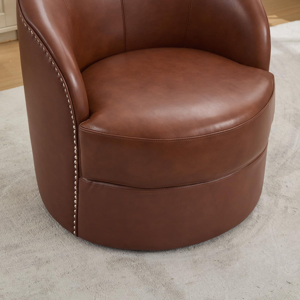 GDFStudio Hayezf Top-Grain Leather Swivel Chair, 360° Swivel Accent Chair with Chesterfield Studs, Mid-Century Modern Lounge Seating for Living Room & Office, No Assembly Required, Brown
