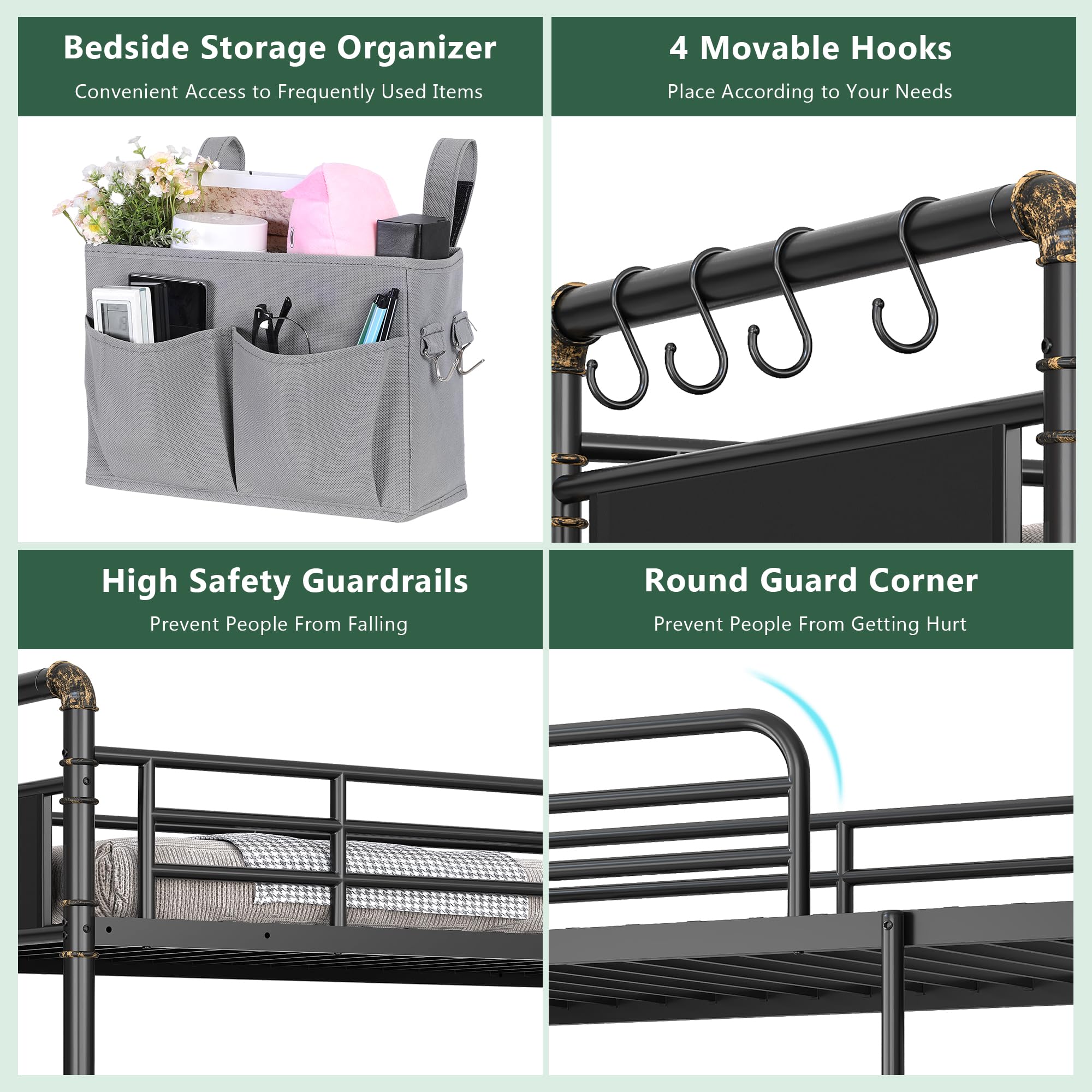 Jocoevol Metal LED Bunk Bed Twin Over Twin with 2 Storage Drawers, USB Charging Station, Industrial Bunkbeds Heavy Duty Bed with Safety Guardrail and Ladder, No Box Spring Needed, Black