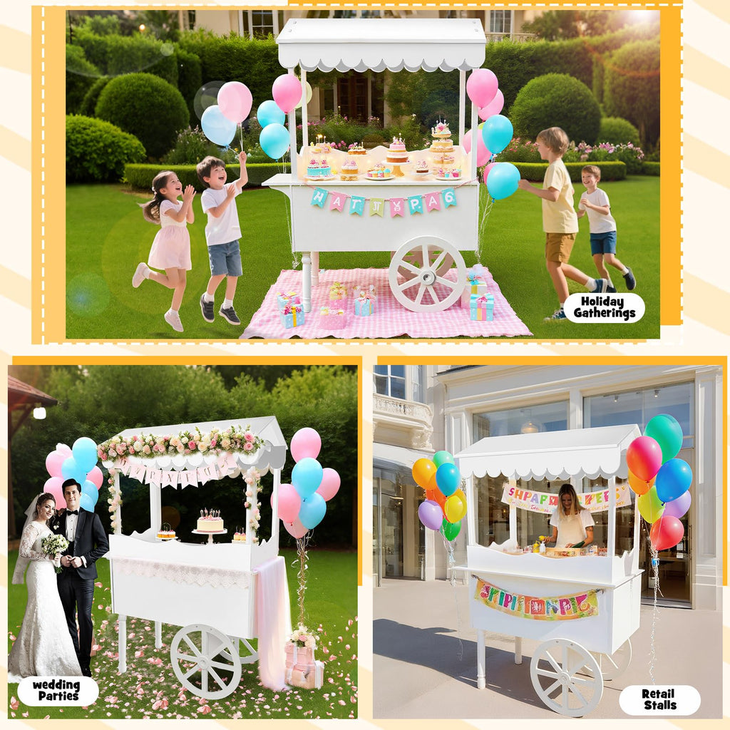 Gasgo Versatile Dessert Cart with Fixed Wheels - 70"x40"x22" Charcuterie Station, Candy Display Stand for Business, Flower Cart with Included 100 Balloons & 1 String Lights, White