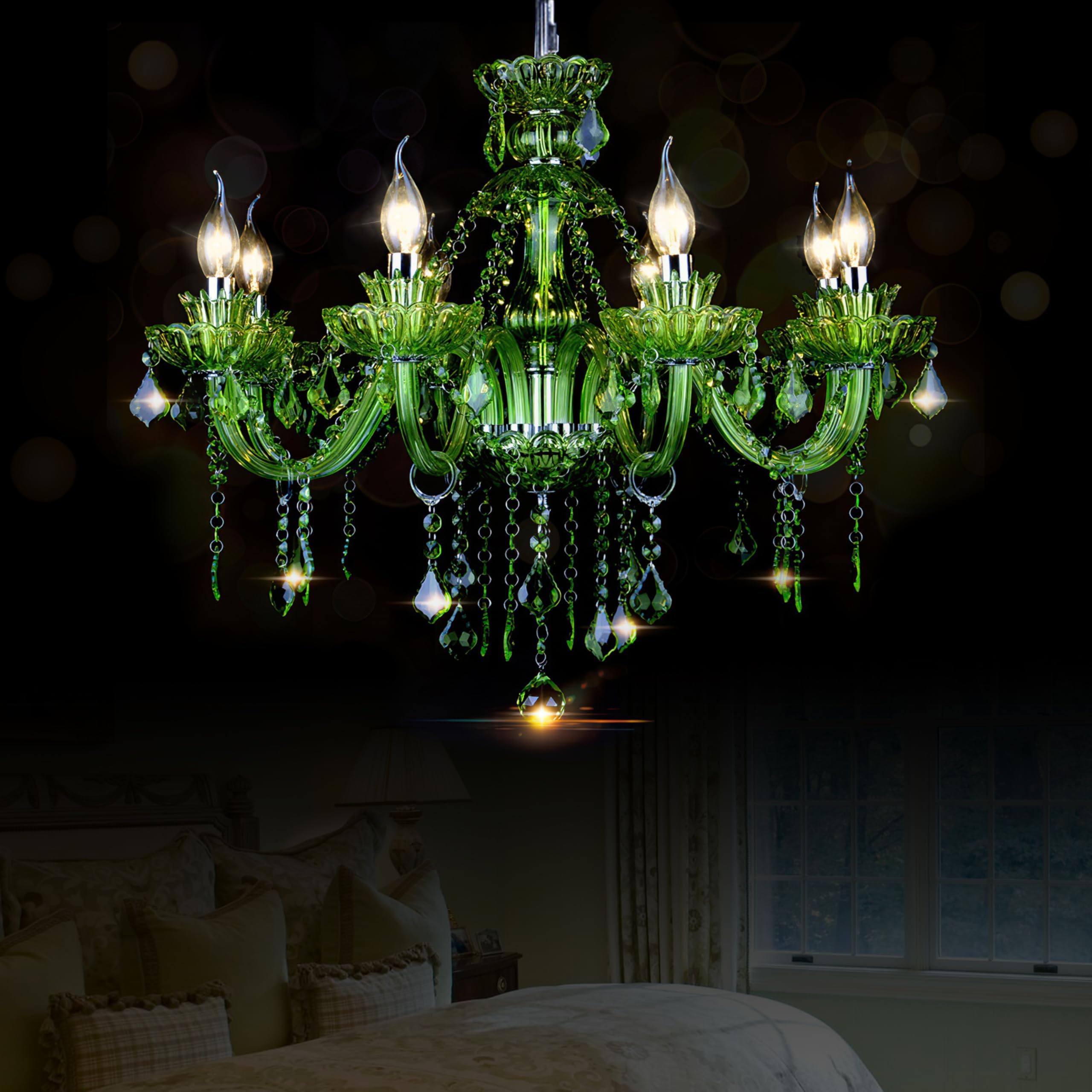Bagood 8 Lights Green K9 Crystal Candle Chandeliers Lighting Modern Pendant Lights Candle Chandelier Lighting for Dining Living Room Bedroom Entry Elegant Decoration E12 Base, H22.8 x W27.2 Inch