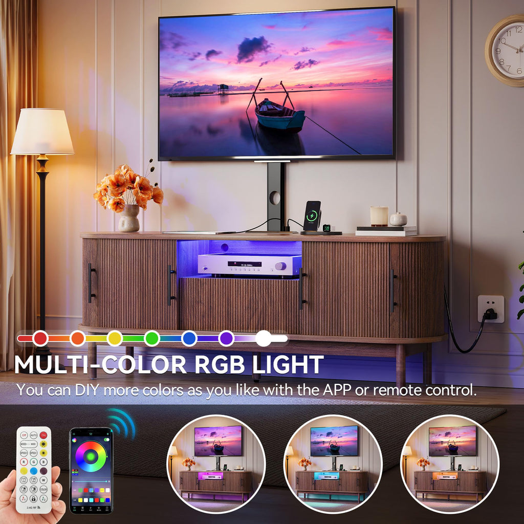 YITAHOME TV Stand with Mount and Power Outlet, Modern Entertainment Center with 3 Height Adjustment TV Mount for 32-70 inch TVs, LED Fluted TV Media Console with Sliding Doors, Curved Profile Design