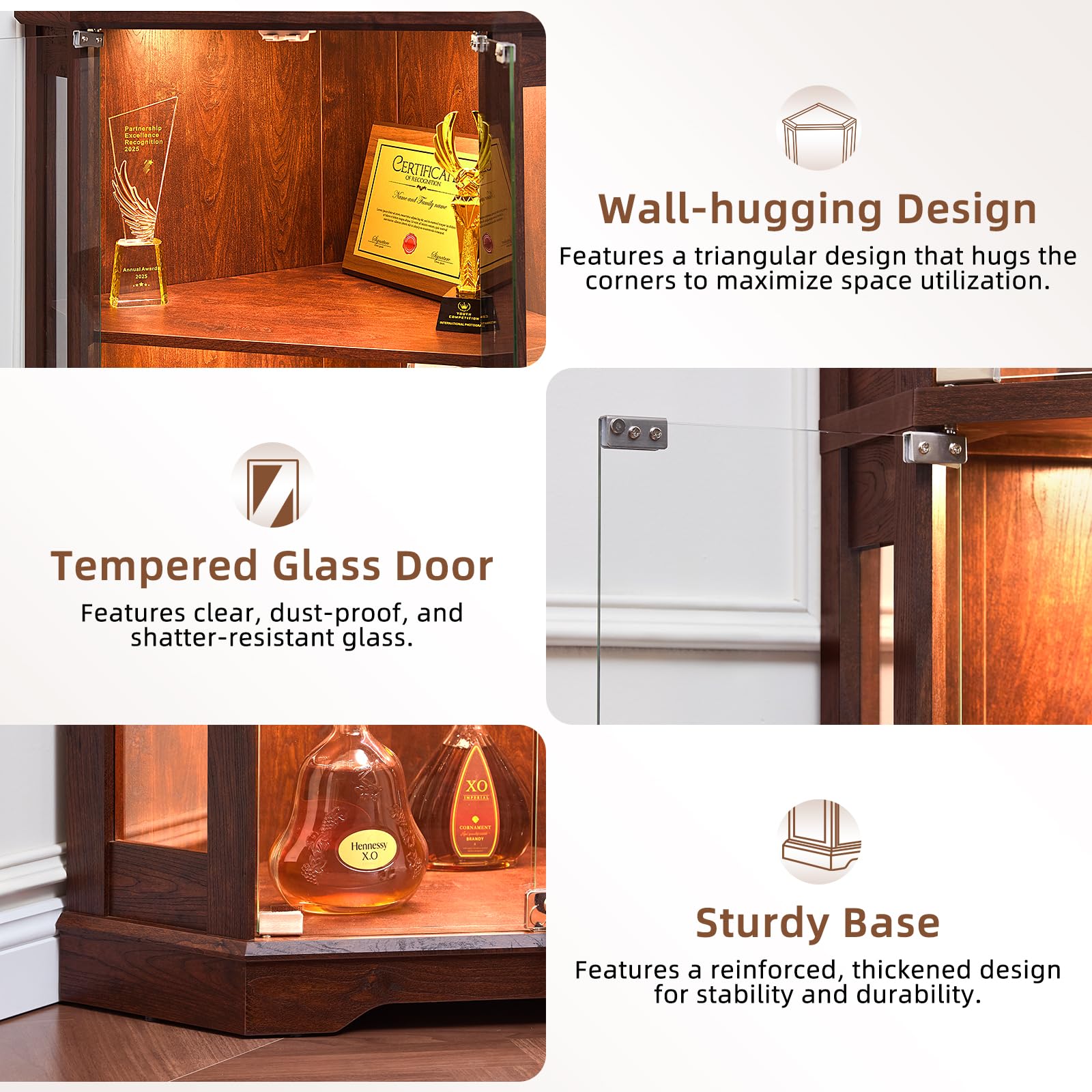 LELELINKY Farmhouse Glass Display Cabinet Set of 2 with Doors, Corner Curio Cabinet for Collectibles, Wooden Display Cabinets for Home, Office, Living Room, Corner, Walnut