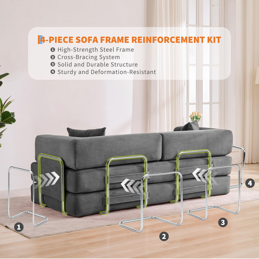 IDEALHOUSE Convertible Sofa Bed 5-in-1, 78.8 Inch Folding Futon Couch with Pull Out Bed, Corduroy Upholstered No-Assembly Loveseat Sleeper for Living Room, Bedroom, Lounge, Grey