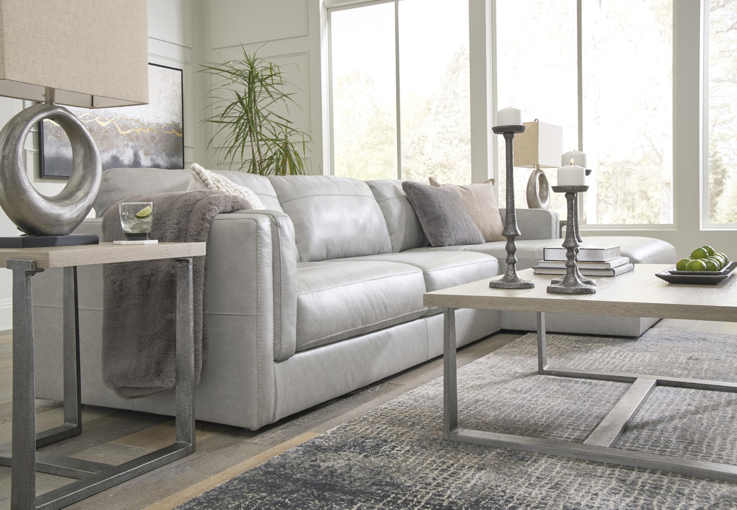 Signature Design by Ashley Amiata Modern L-Shaped Leather Match 2-Piece Sectional with Chaise, Light Gray