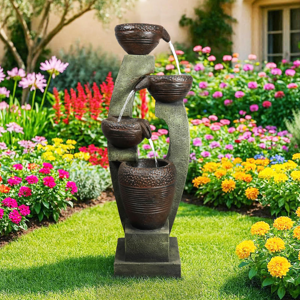Naturefalls 40" Tall Outdoor Water Fountain and Waterfalls - Large Garden Fountain with LED Lights, 4-Tier Crocks, Indoor and Outdoor Fountains for Garden, Patio, Deck, Porch, Backyard and Home, Gray