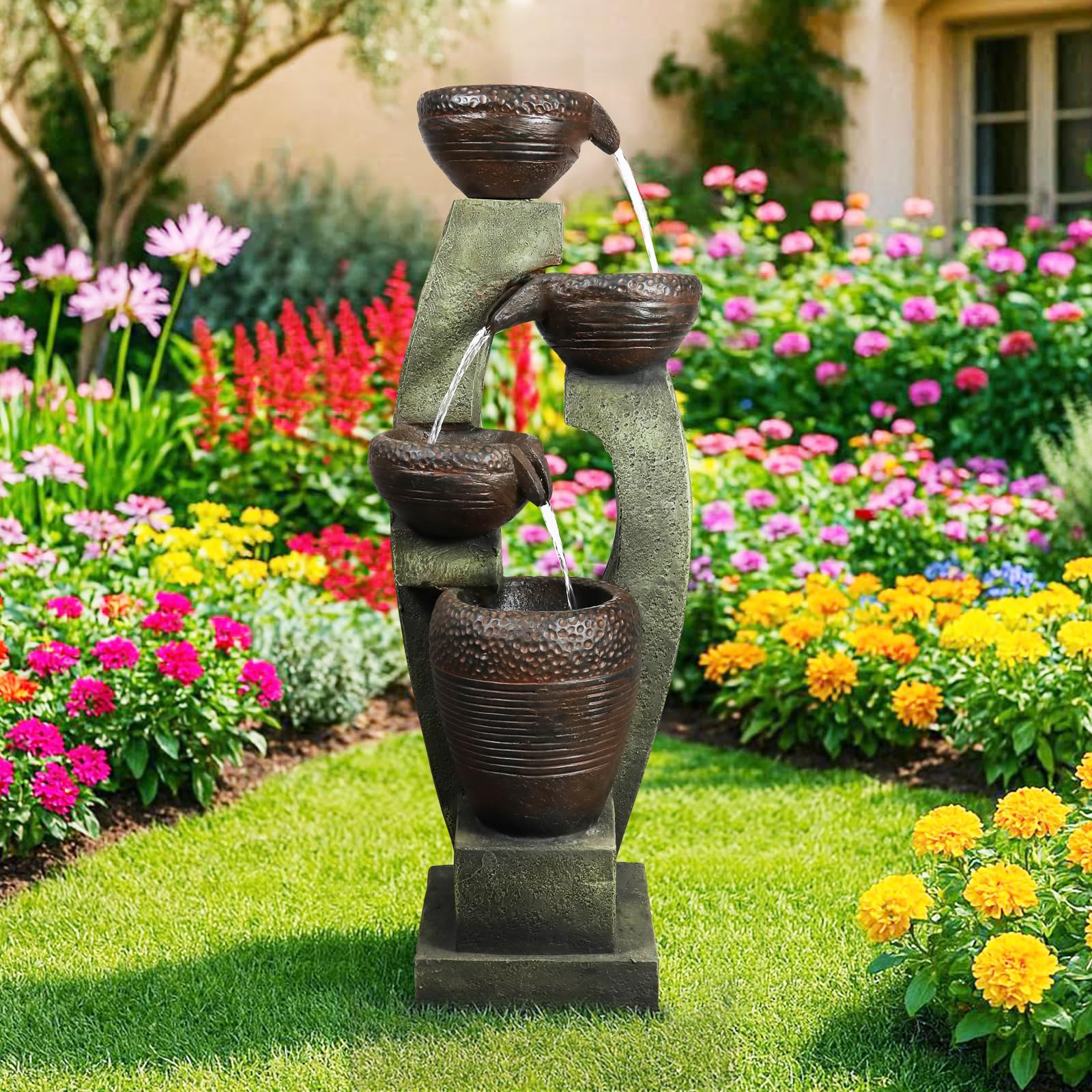 Naturefalls 40" Tall Outdoor Water Fountain and Waterfalls - Large Garden Fountain with LED Lights, 4-Tier Crocks, Indoor and Outdoor Fountains for Garden, Patio, Deck, Porch, Backyard and Home, Gray