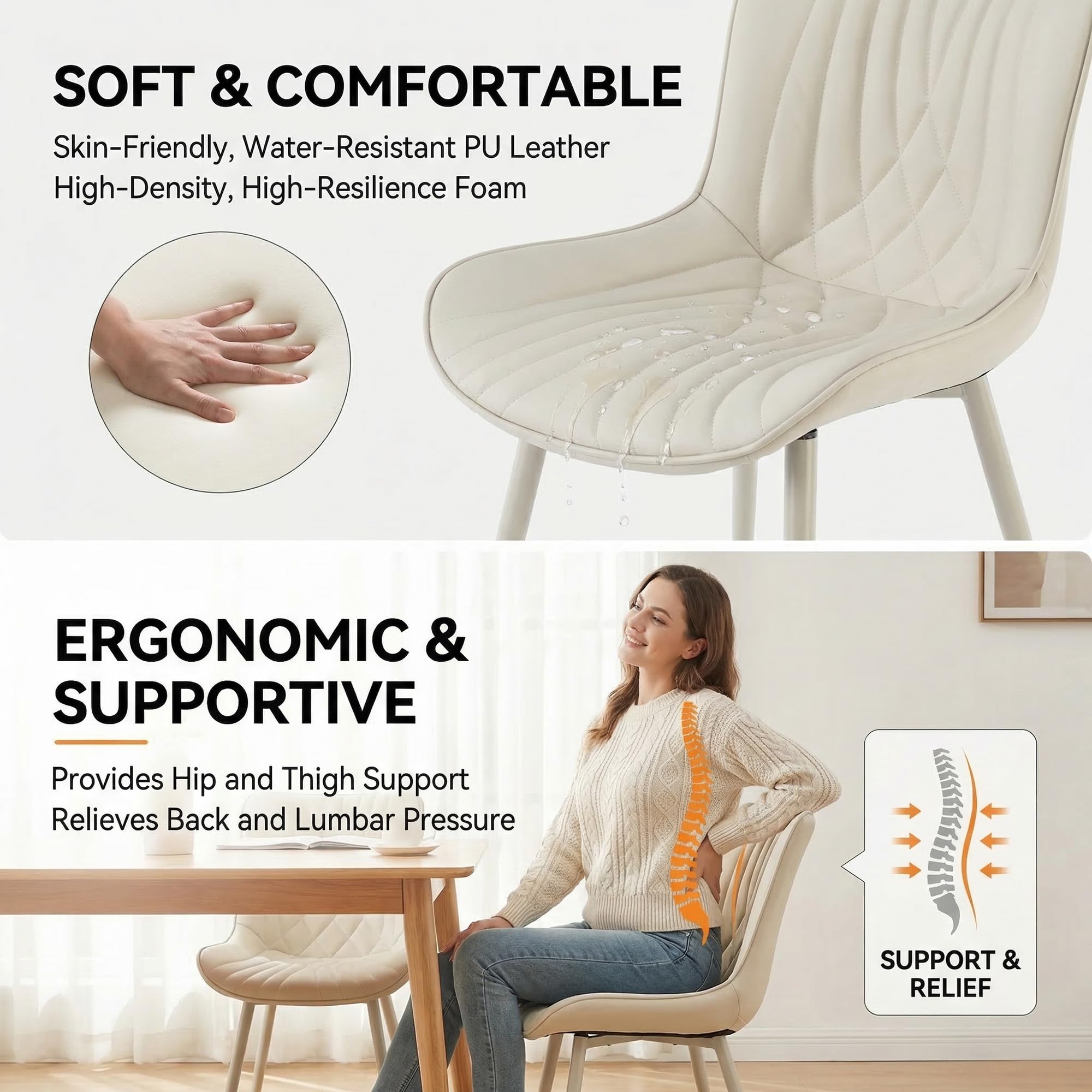 Kidol & Shellder Dining Chairs Set of 2, Mid Century Modern Kitchen Chairs with Metel Legs, PU Leather Upholstered Side Chair for Dining Room, Living Room, Lounge, Restaurant, Cream