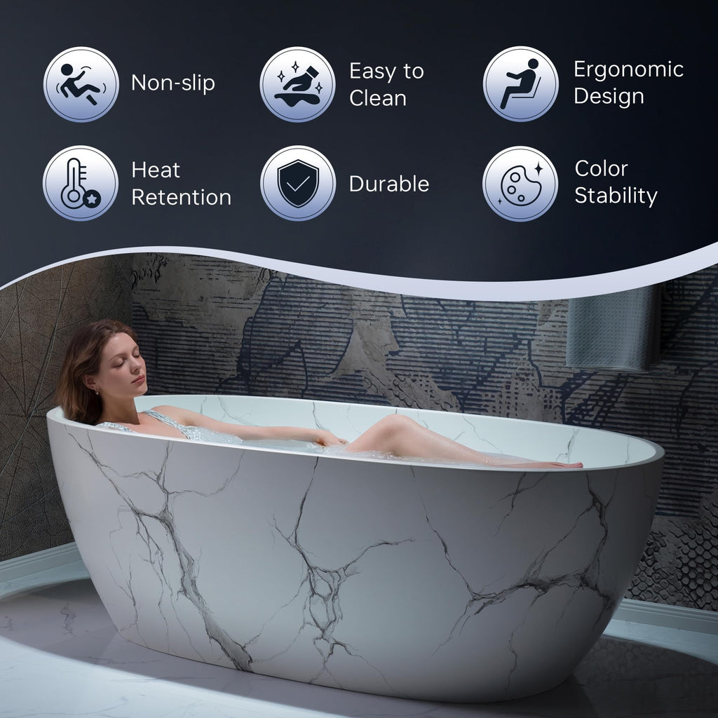 WOODBRIDGE 67" Marble-Pattern Stone Resin Freestanding Soaking Tub, Modern Oval Solid Surface Bathtub with Integrated Slotted Overflow & Drain, Matte Finish, CST0745