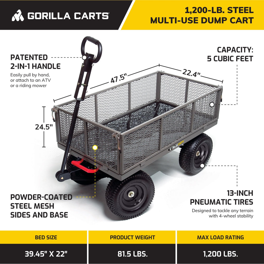 Gorilla Carts Steel Dump Cart, 5 Cu Ft Bed, 1200 lb Load Capacity, Gray – Towable Heavy-Duty Outdoor Utility Wagon with Removable Side Panels for Yard, Lawn, Garden or Landscaping