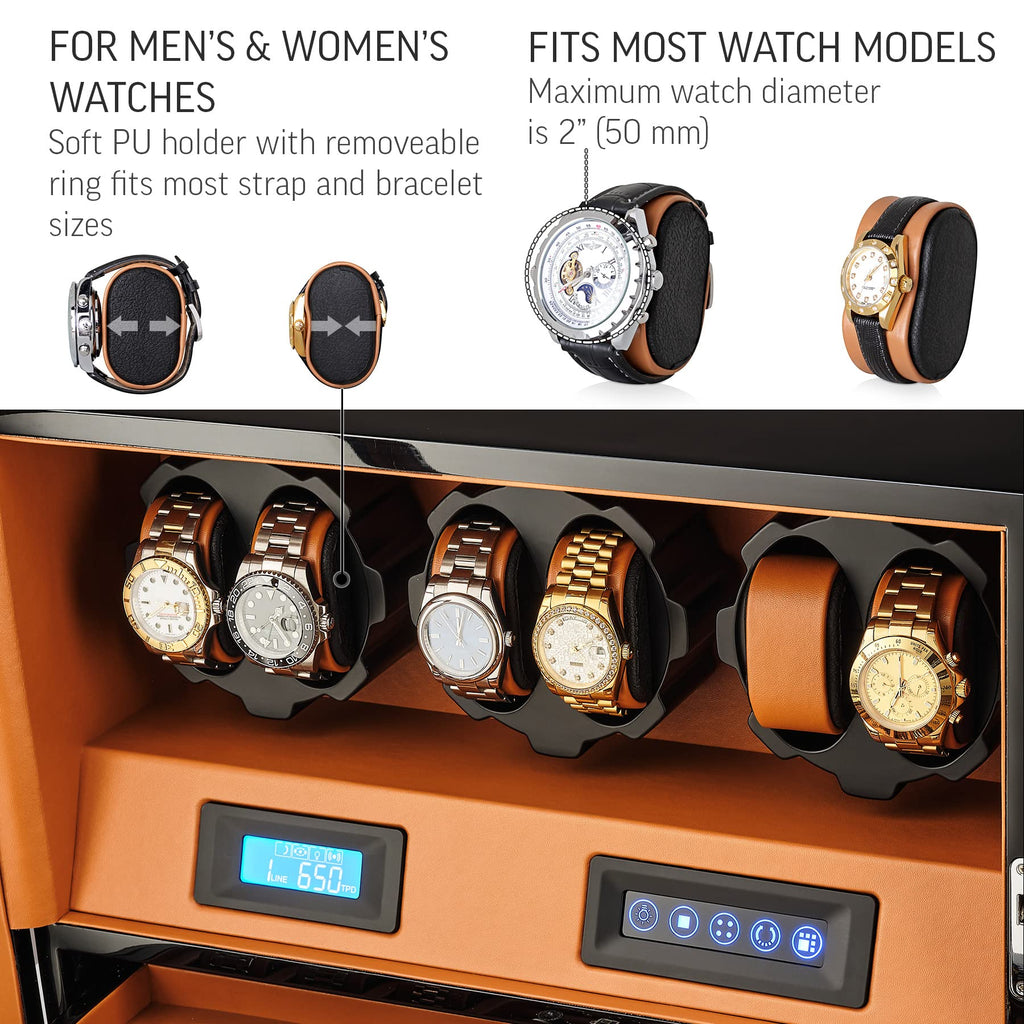 Automatic Watch Winder with 6 Storage Slots, LED Light and Automatic Motor-Stop Option