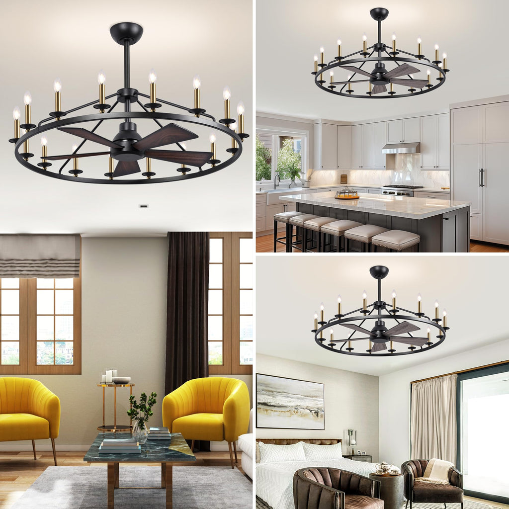 44" Wagon Wheel Chandelier with Fans, Black and Gold Wagon Wheel Ceiling Fan with 16-Light and Remote, Farmhouse Chandelier for Living Room, Adjustable Height, 6-Speed Reversible Quiet Large Fandelier