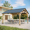 EAGLE PEAK 13x15 Hardtop Gazebo, Exposed Beam Rustic Gazebo, Galvanized Steel Gable Roof with Cedar Wood Frame, Outdoor Pavilion for Patio, Deck, Lawn and Garden Natural Wood/Black