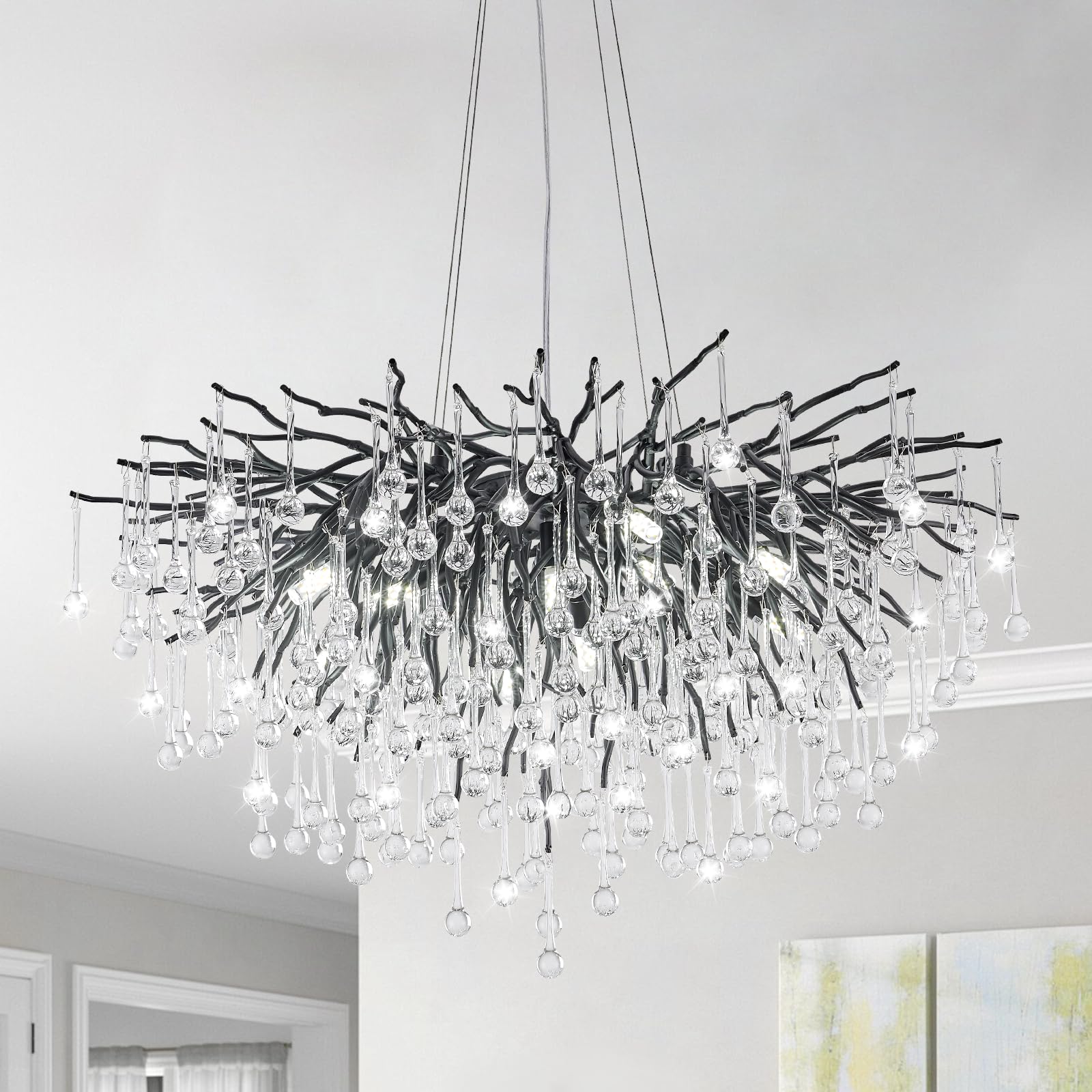 NIUZDU Chandeliers for Dining Room - 23.6" Modern Black Crystal Chandelier, Round Tree Branch Raindrop Chandelier, Foyer Chandeliers for Entryway, Living Room,Bedrooms,Bathroom(Bulb not Included)