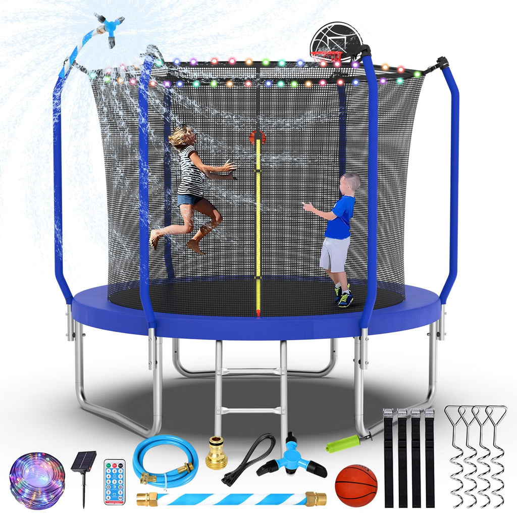 Lyromix Upgraded 8FT Trampoline for Kids and Adults, Large Outdoor Trampoline with Basketball,Stakes, Light, Sprinkler,Basketball Hoop and Net, Capacity for 3-5 Kids and Adults, Royal Blue